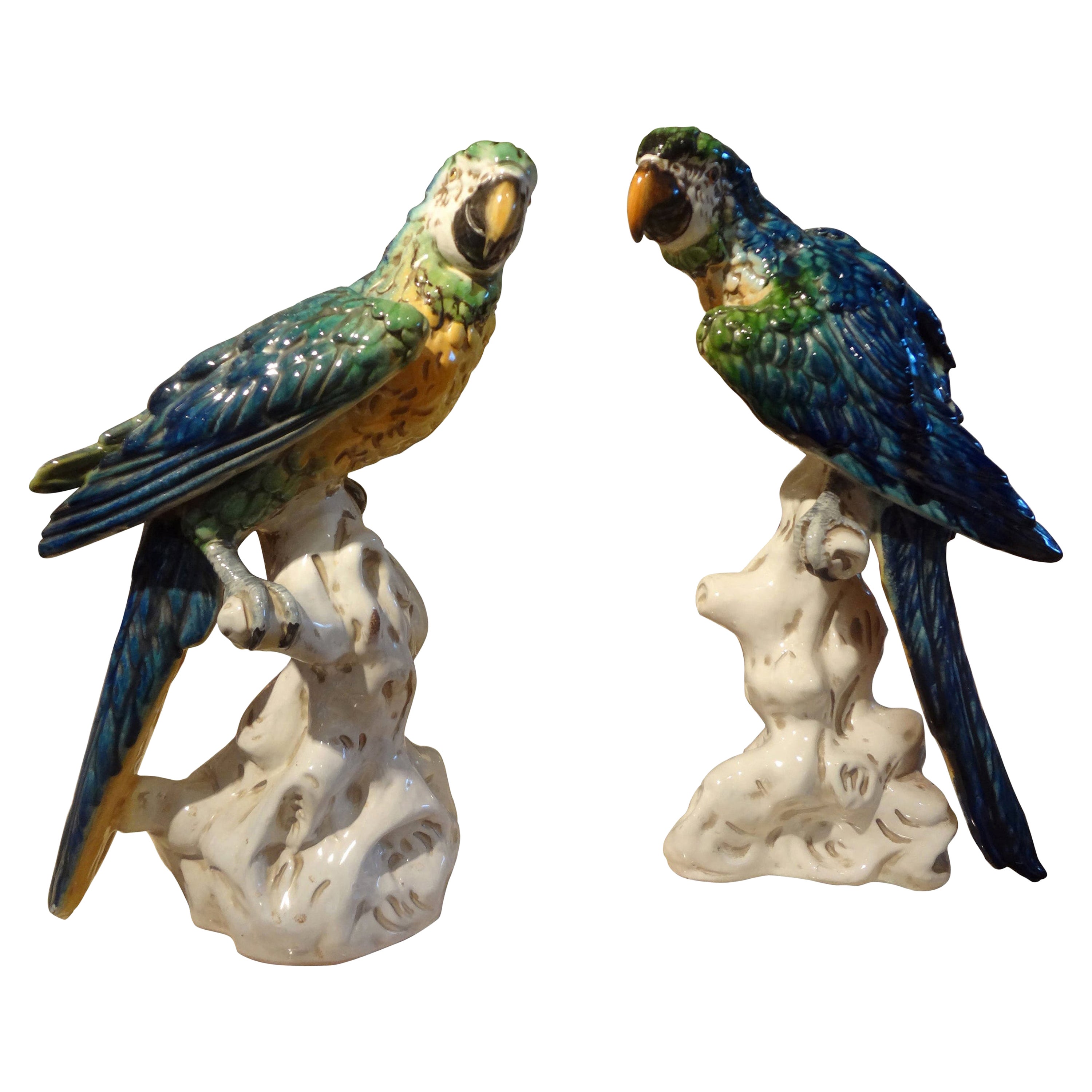 Paar italienische glasierte Terrakotta-Papageienstatuen