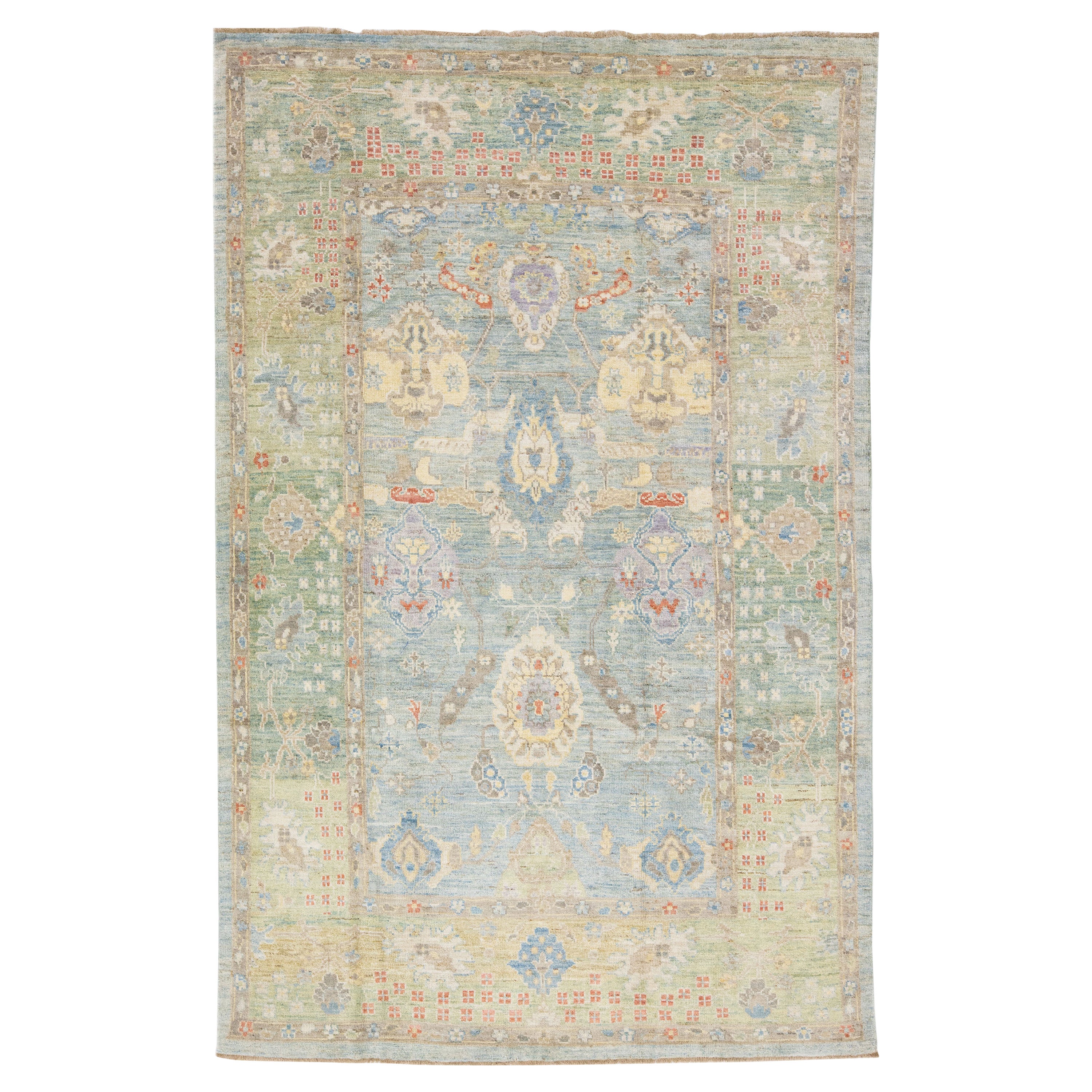 Modern Sultanabad Blue & Green Handmade Allover Floral Wool Rug For Sale