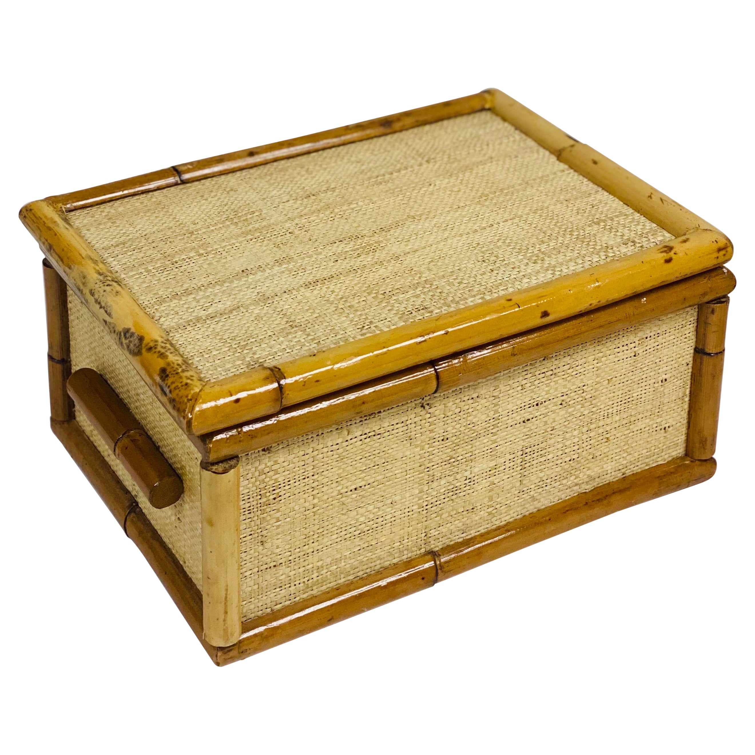 1970s Vintage Jute Grasscloth and Bamboo Rectangular Decorative Box