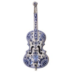 Mid-Century Dutch Hand Painted Blue and White Delft Faience Miniature Violin