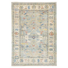 Modern Sultanabad Blue Handmade Room Size Wool Rug with Allover Motif
