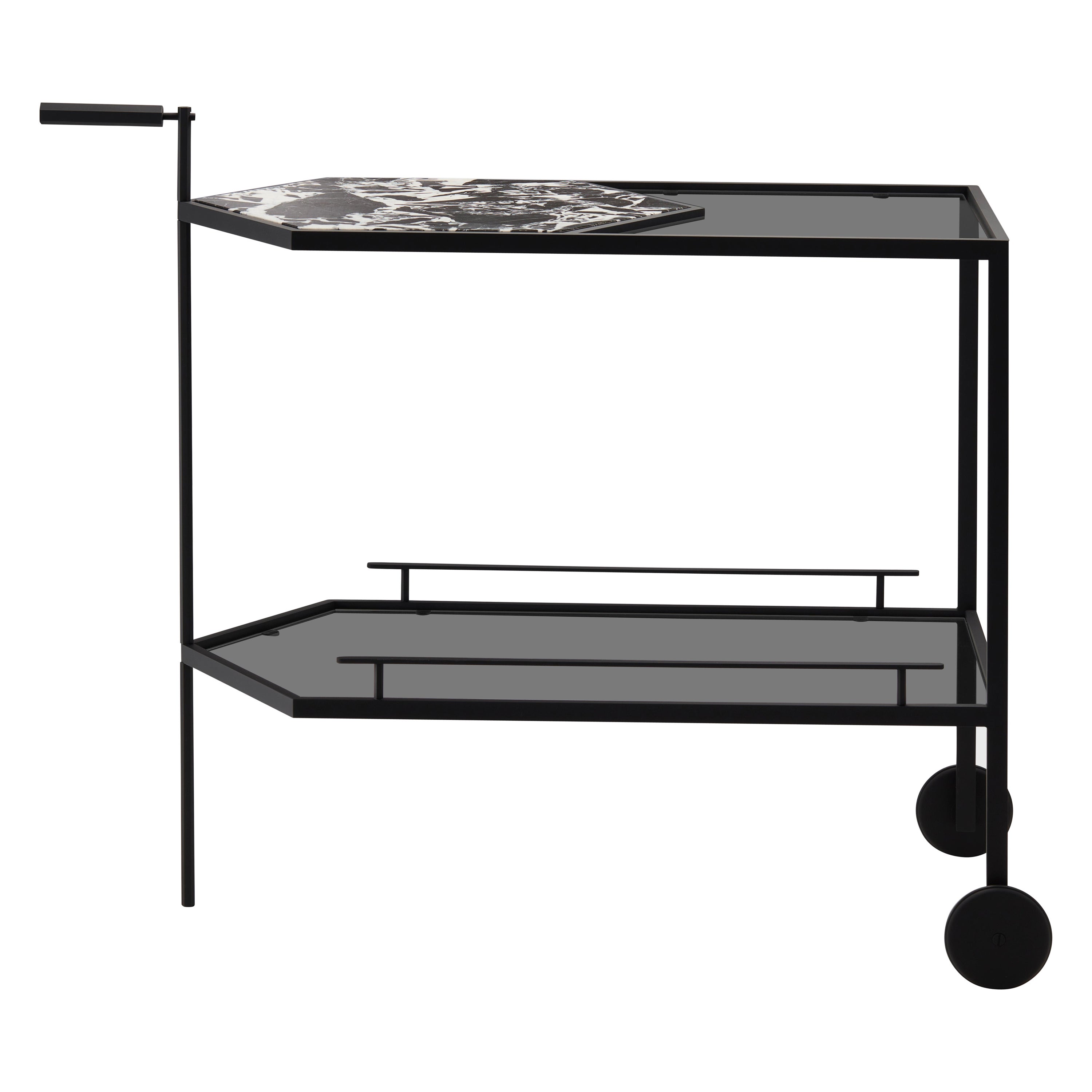 Gin Lane Bar Cart by Yabu Pushelberg in Black Soft Touch & Grand Antique Marble For Sale