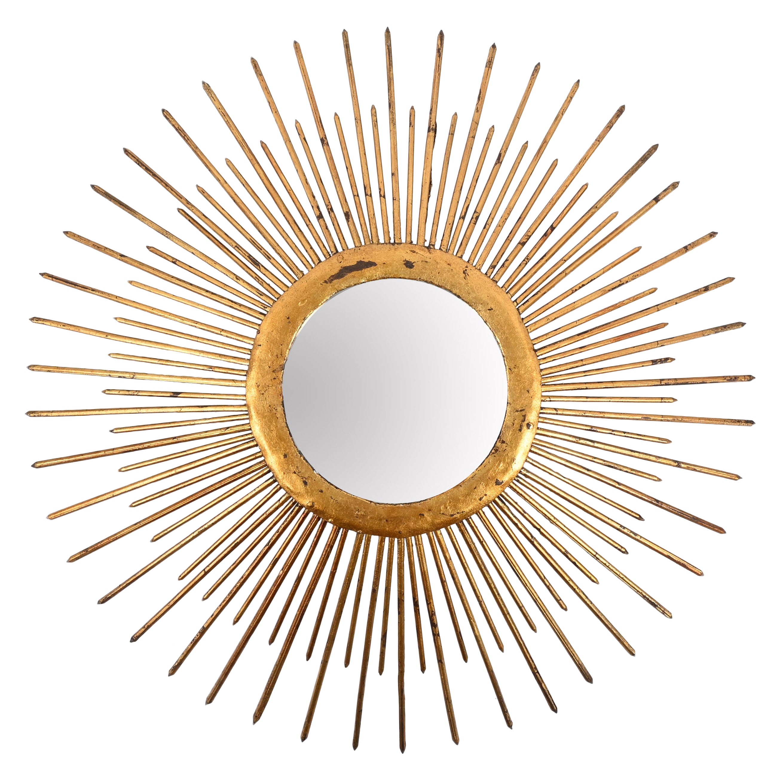 Miroir Sunburst du milieu du siècle dernier en fer doré avec luminaires, Italie, années 1960 en vente