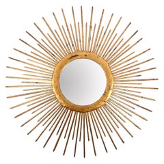 Midcentury Sunburst Mirror in Gilded Iron with Lighting, Italy, 1960s