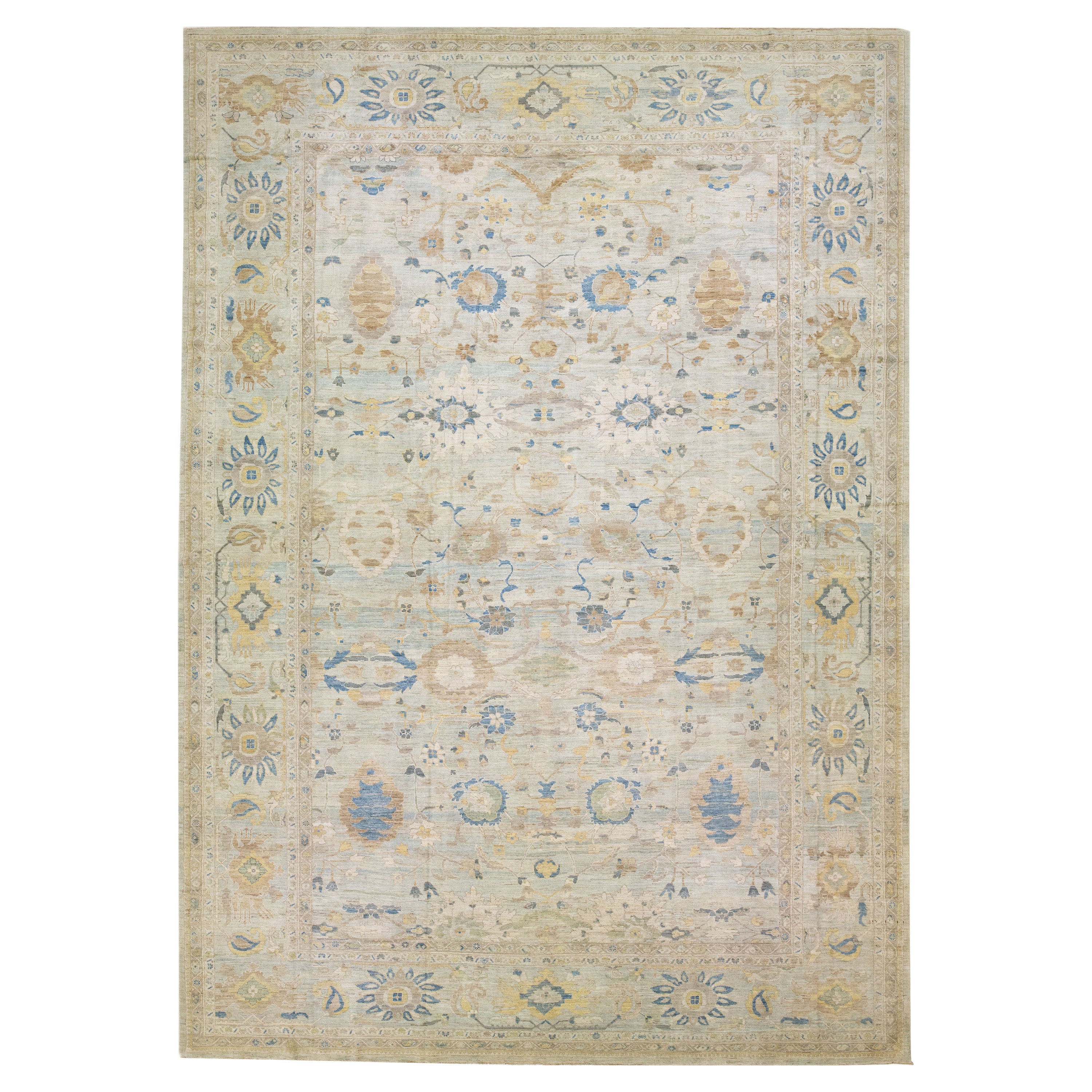 Oversize Modern Sultanabad Blue Handmade Designed Wool Rug For Sale