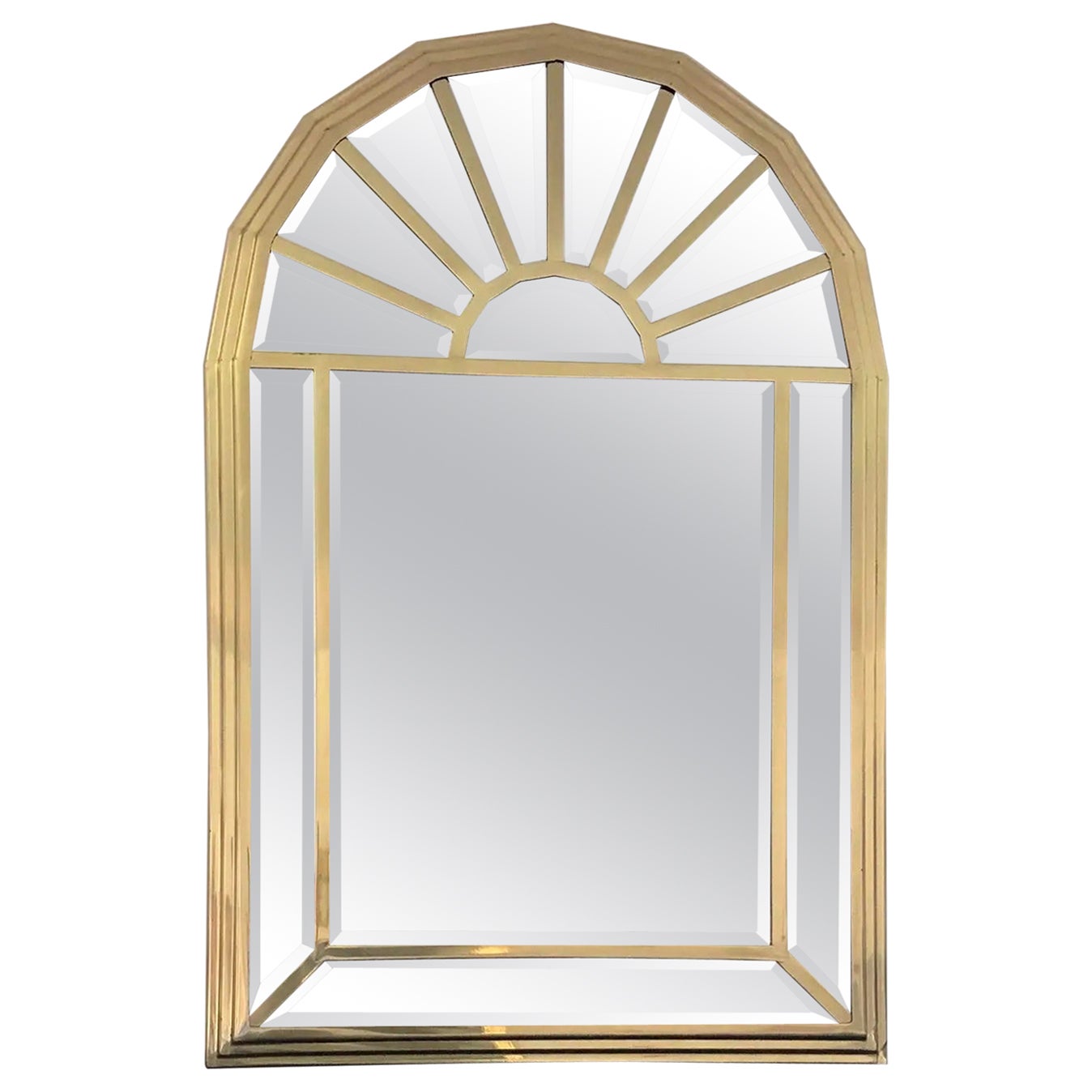 Vintage Mid-Century Brass Cathedral Form Beveled Mirror For Sale