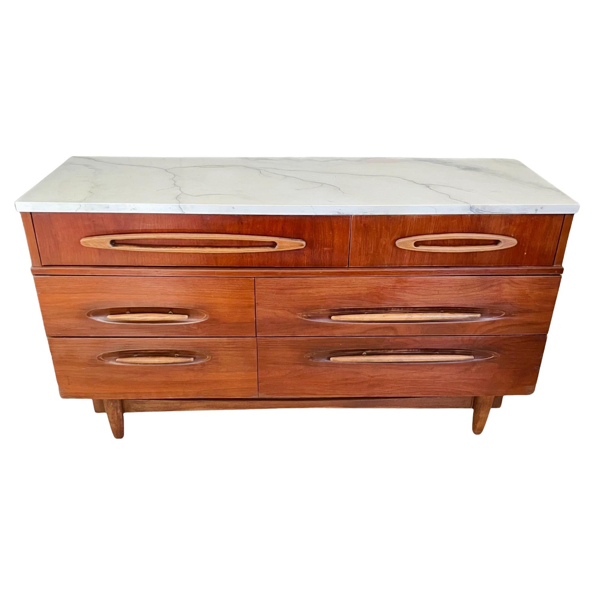 Mid-Century Modern Hand Painted Faux Marble Walnut Dresser For Sale