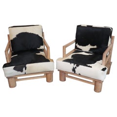 Unique Karl Springer Style Elephant Club Chairs in Oak and Cowhide