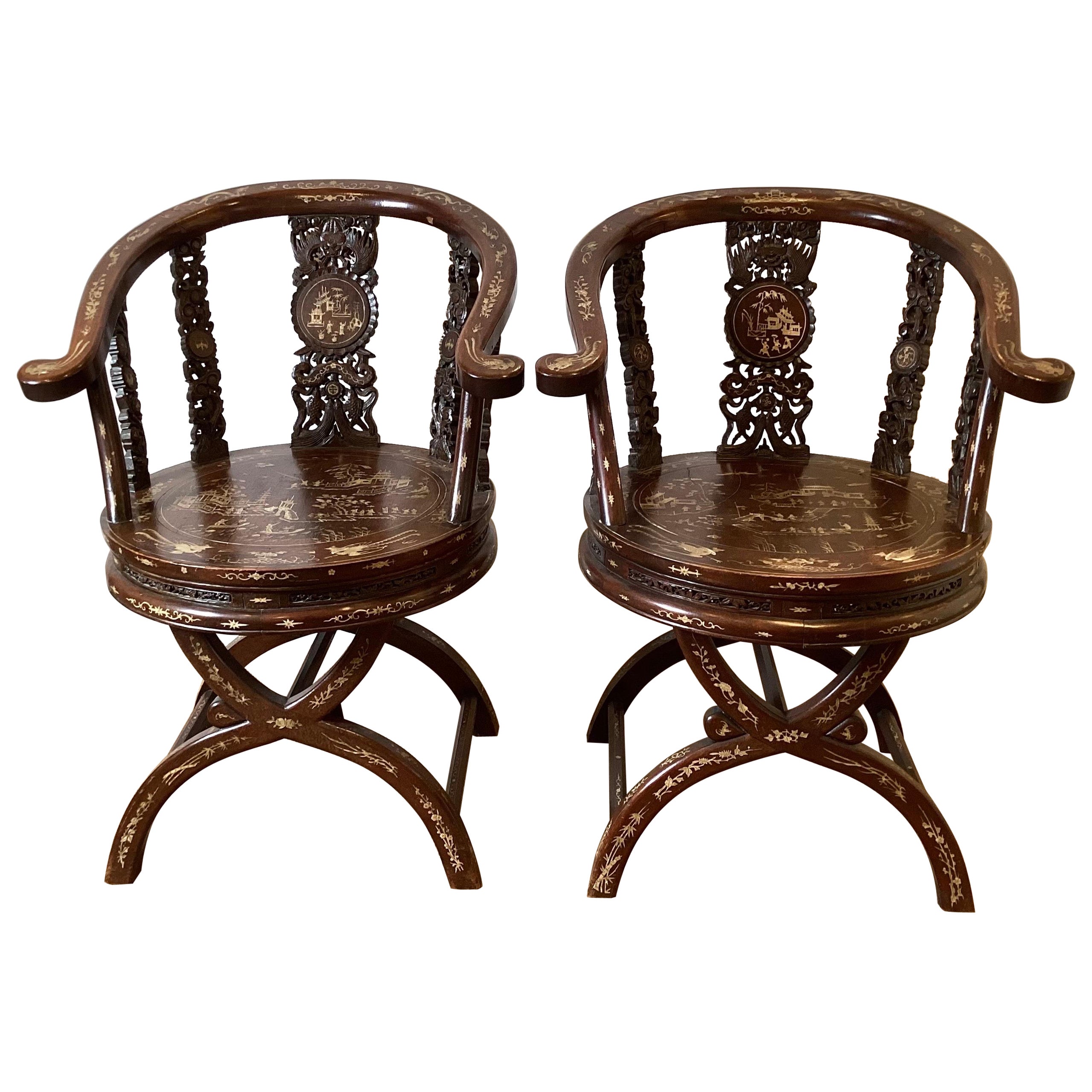 Circa 1890-1900 Hand Carved and Inlaid Asian Arm Chairs Depicting a Village For Sale