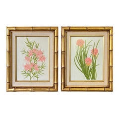 Vintage Floral Silk Screens in Faux Bamboo Giltwood Frames, a Pair