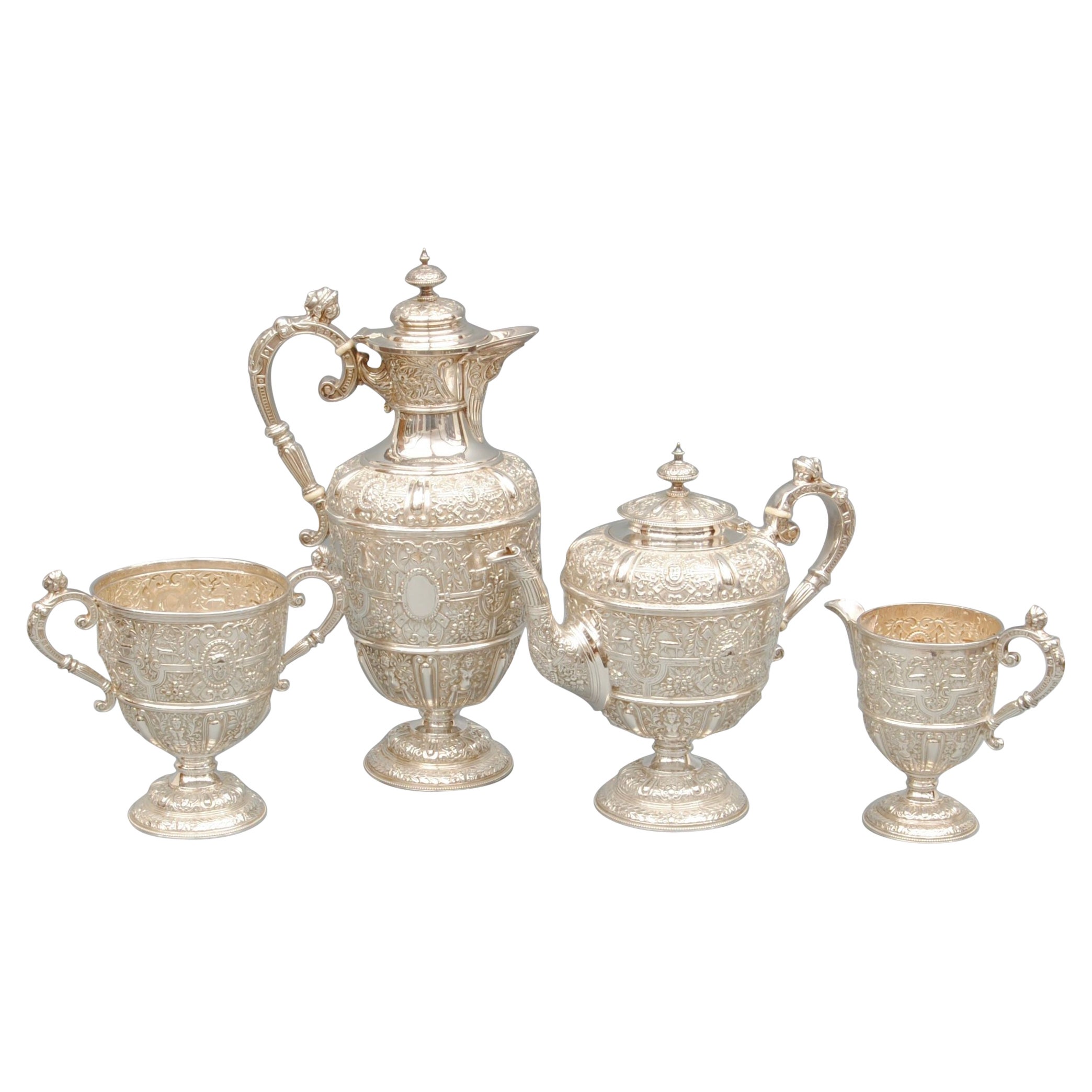 Victorian 4 Piece Cellini Pattern Silver Tea Sevice For Sale