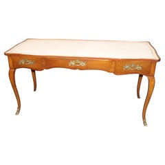 Sophisticated White Embossed Leather Top Walnut French Louis XV Style Desk