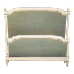 Vintage Wool Mohair Paint Decorated French Louis XVI Queen Size Headboard & Footboard