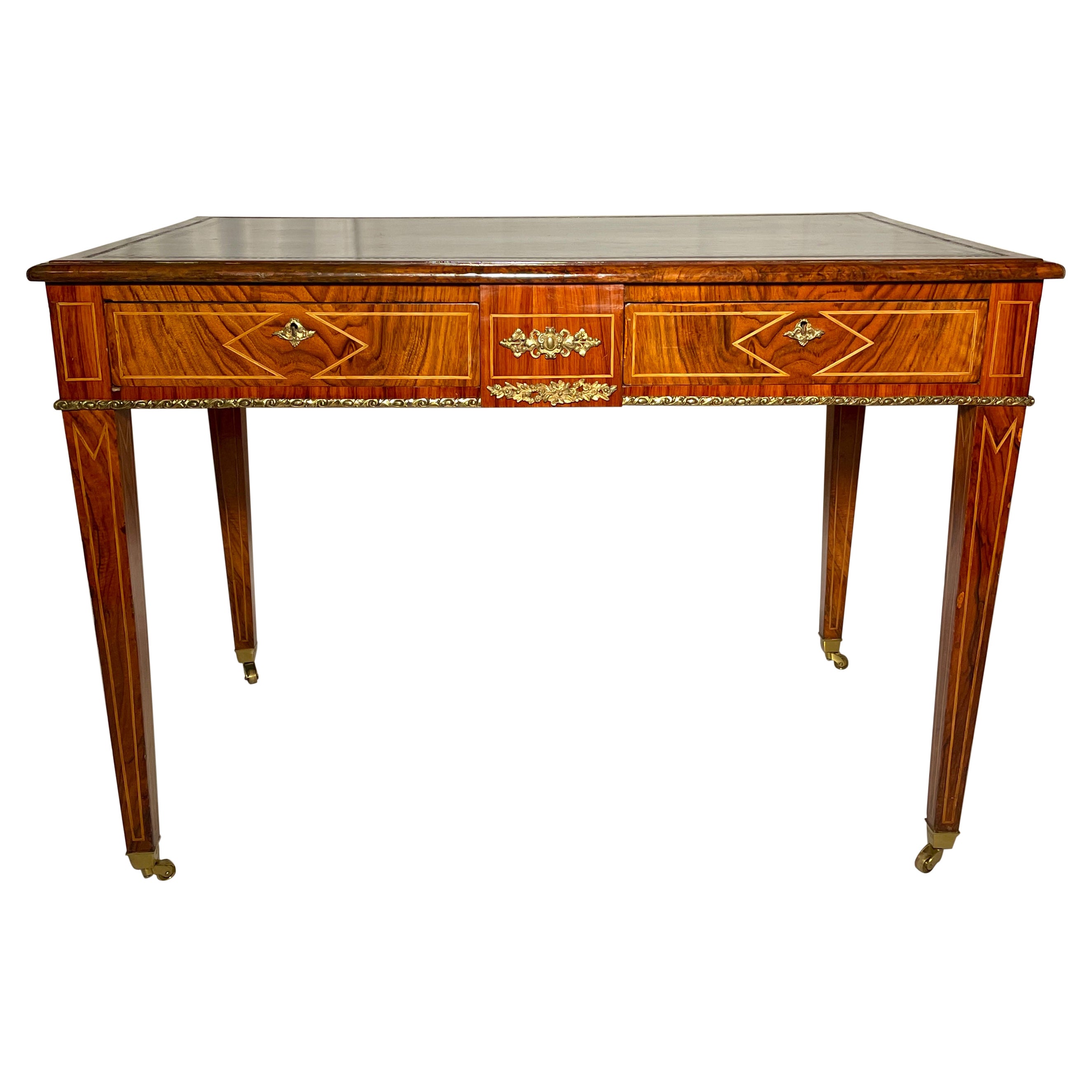 Antiker englischer Schreibtisch mit Intarsien aus Nussbaum und Goldbronze, um 1880
