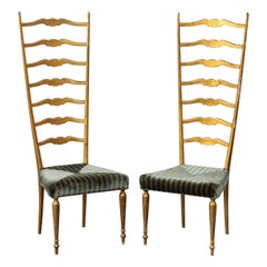 Retro Pair of Midcentury Italian Giltwood High Ladder Back Chairs with Velvet Seats