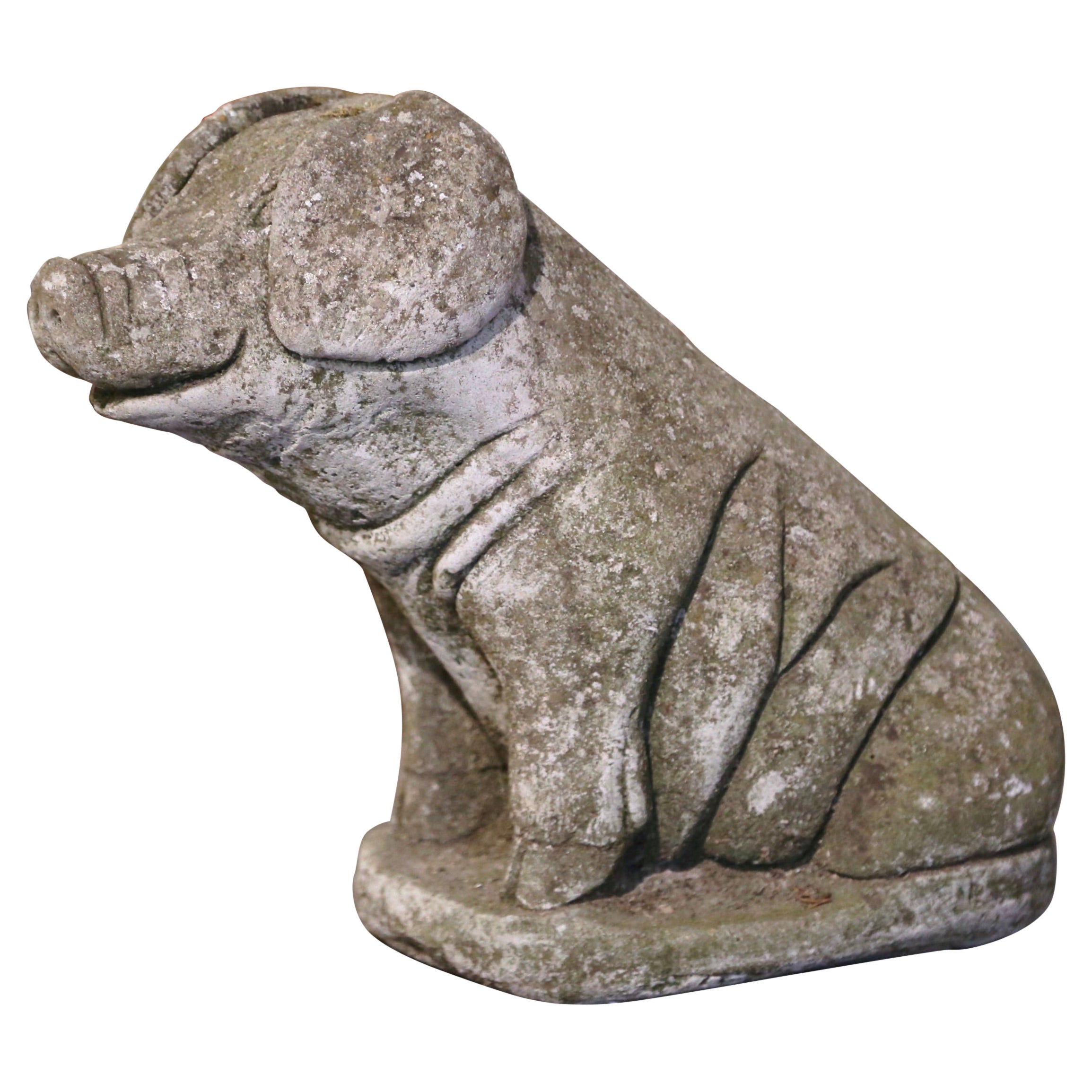 Late 19th Century French Carved Weathered Concrete Garden Pig Sculpture