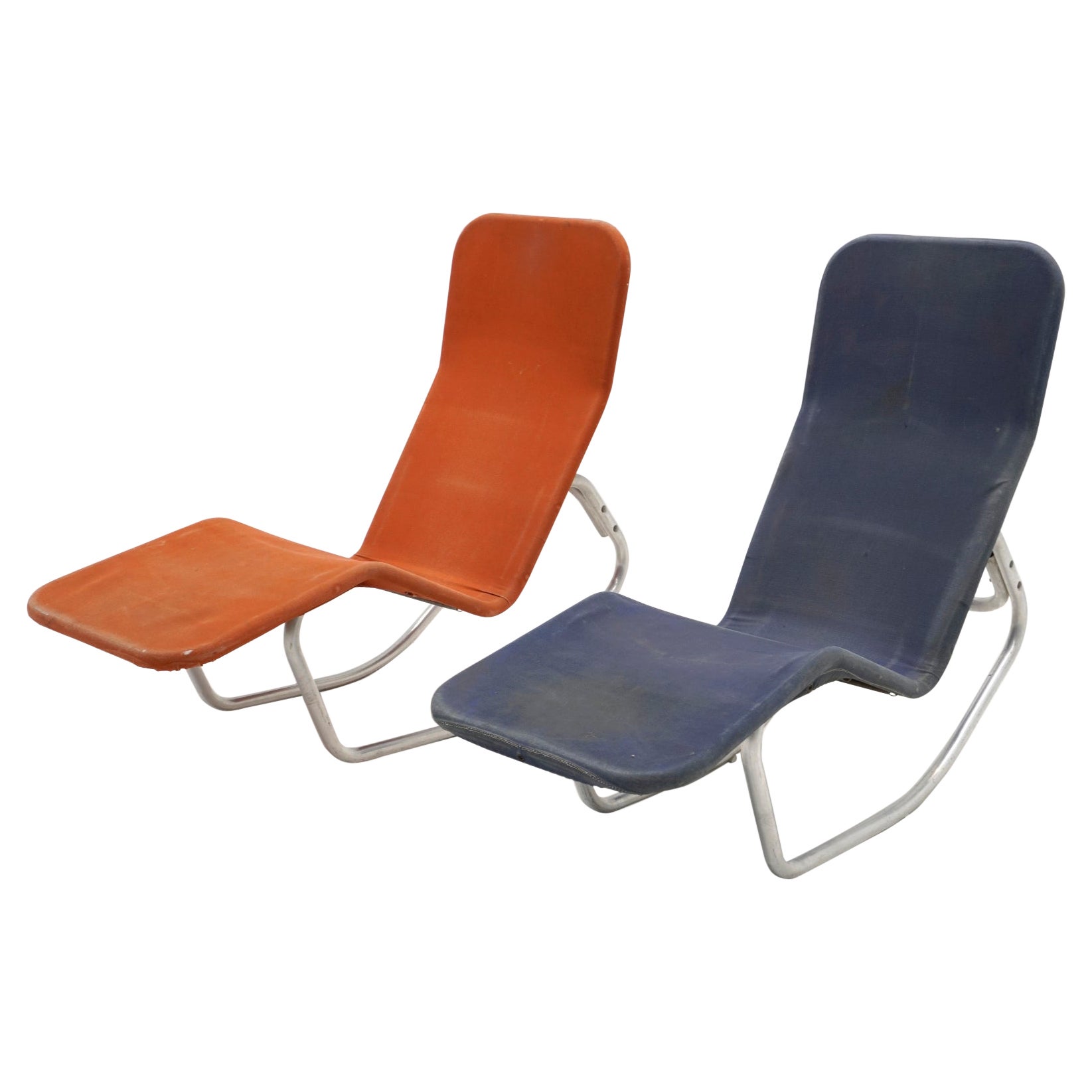 Pair Barwa Reclining Lounge Chairs in Blue and Orange, Outdoor or Indoor, Signed