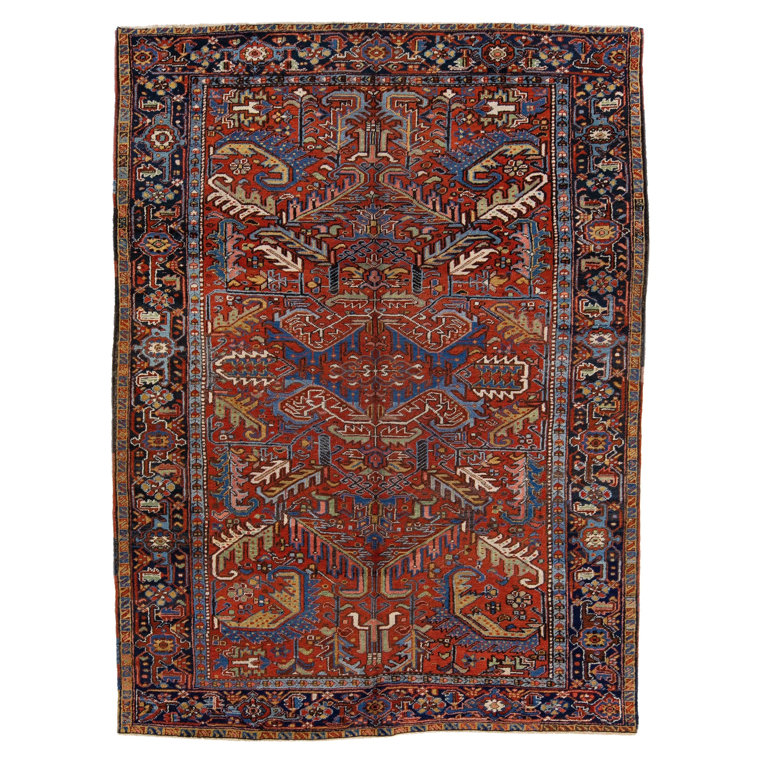 Rust Antique Persian Heriz Handmade Allover Motif Wool Rug For Sale