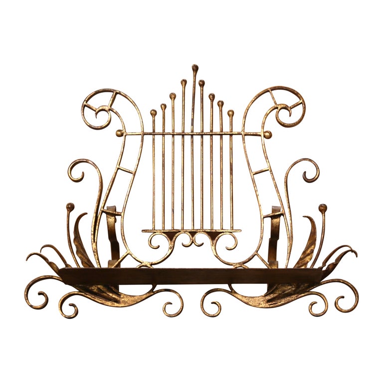 Early 20th Century French Iron Gilt Painted Lyre Book Stand Music