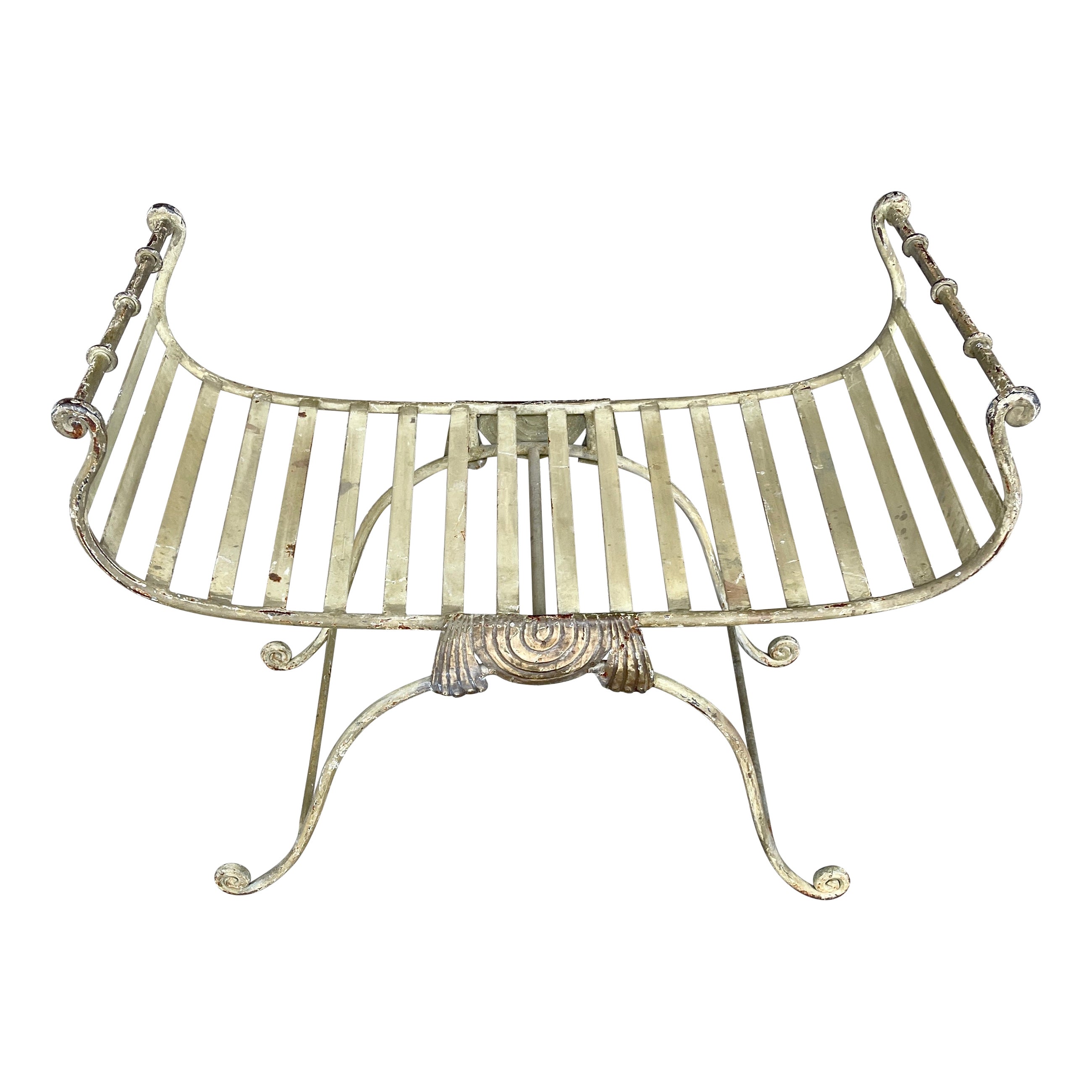 Large Wide Patio Garden Painted Iron Seat Bench, Circa 1930-1950