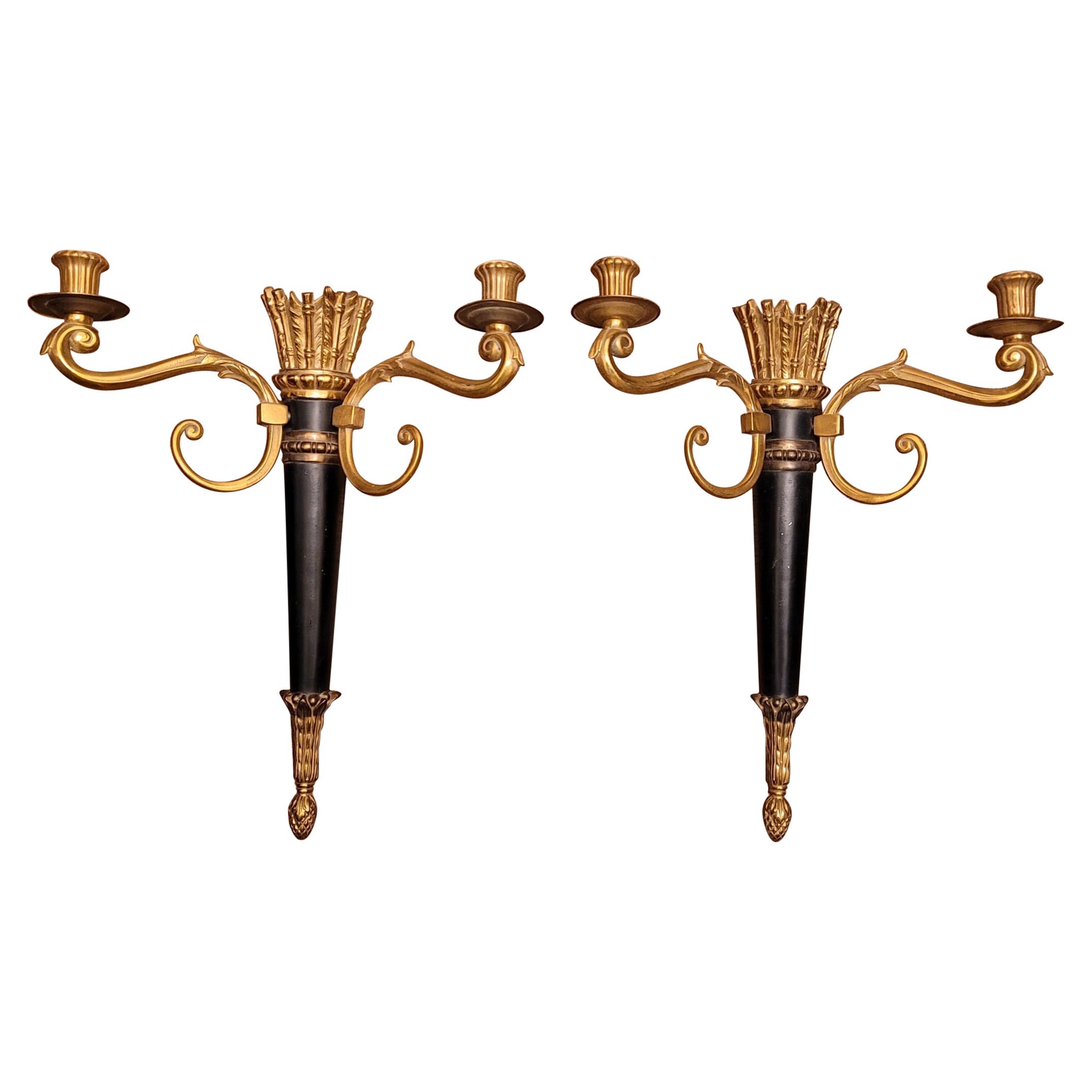 Pair of French Empire Ebonized Parcel Gilt Bronze Candle Sconces