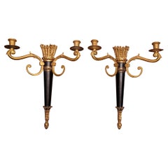 Retro Pair of French Empire Ebonized Parcel Gilt Bronze Candle Sconces