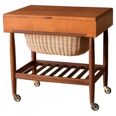 Retro Danish Modern Rolling Teak Sewing Cabinet End Table by Ejvind A. Johansson