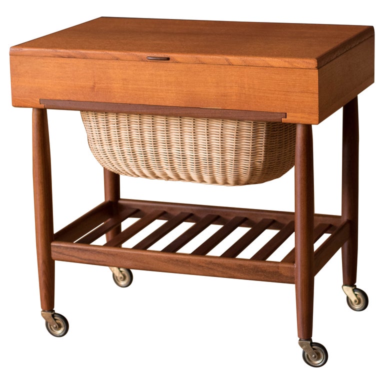 Danish Modern Rolling Teak Sewing Cabinet End Table by Ejvind A. Johansson For Sale