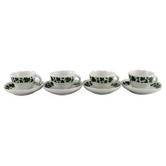 Four Meissen Green Ivy Vine Coffee Cups with Saucers in Hand-Painted Porcelain