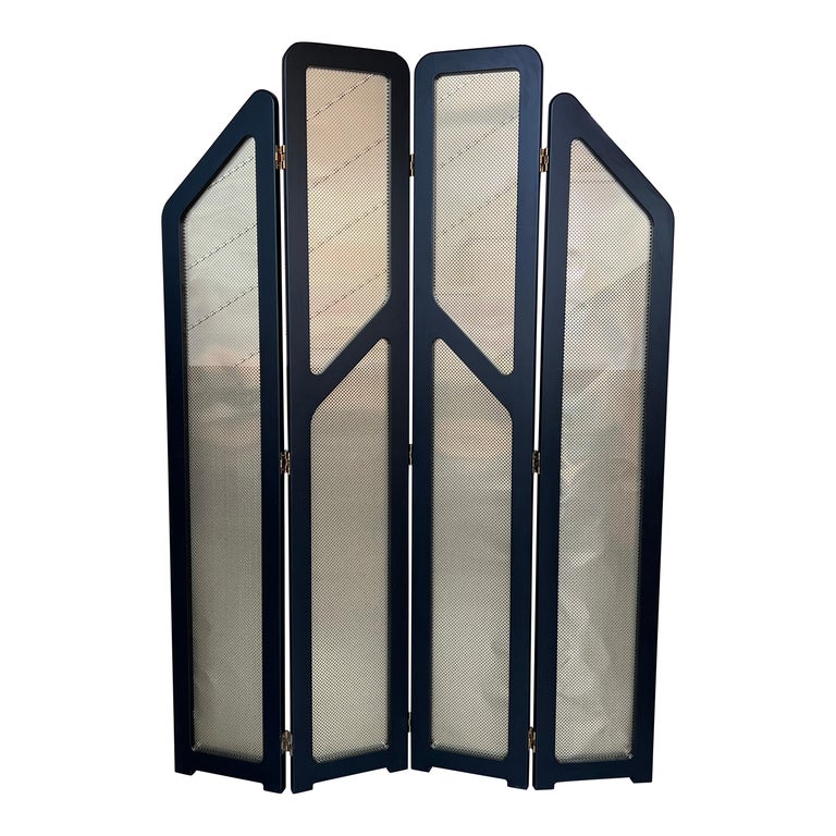 Art Deco Room Divider Black Ebonized Wood and Gold Metal Screens For Sale