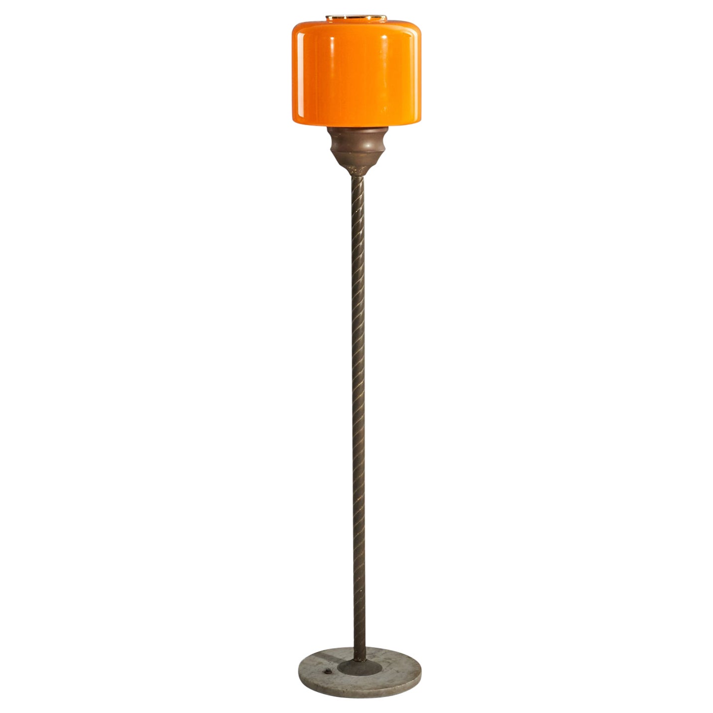 Italian Designer, Floor Lamp, Brass, Orange Glass, Marble, Italy, 1940s For Sale