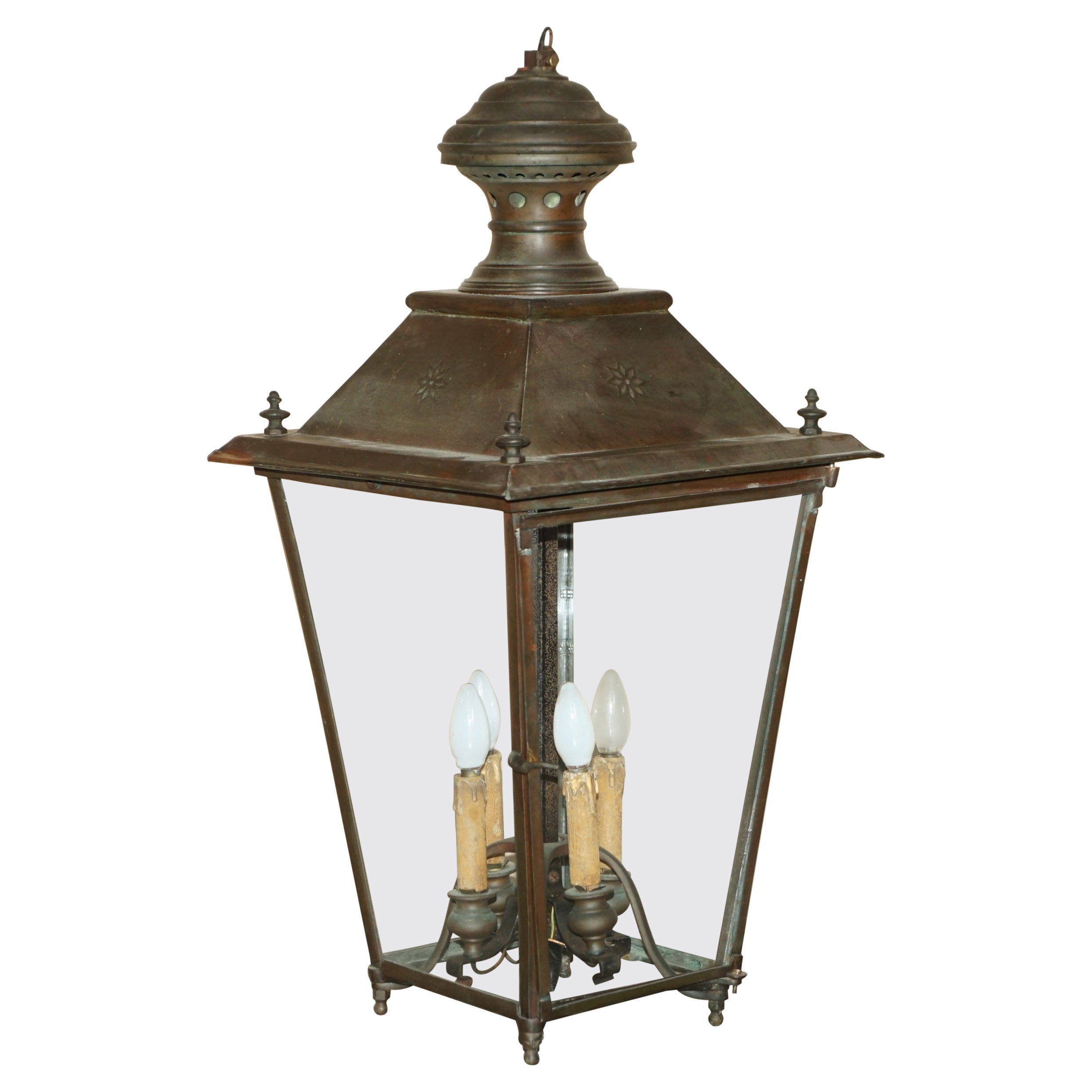 Antique Victorian Bronze Hanging Lantern with Four Candle Interior Must See For Sale