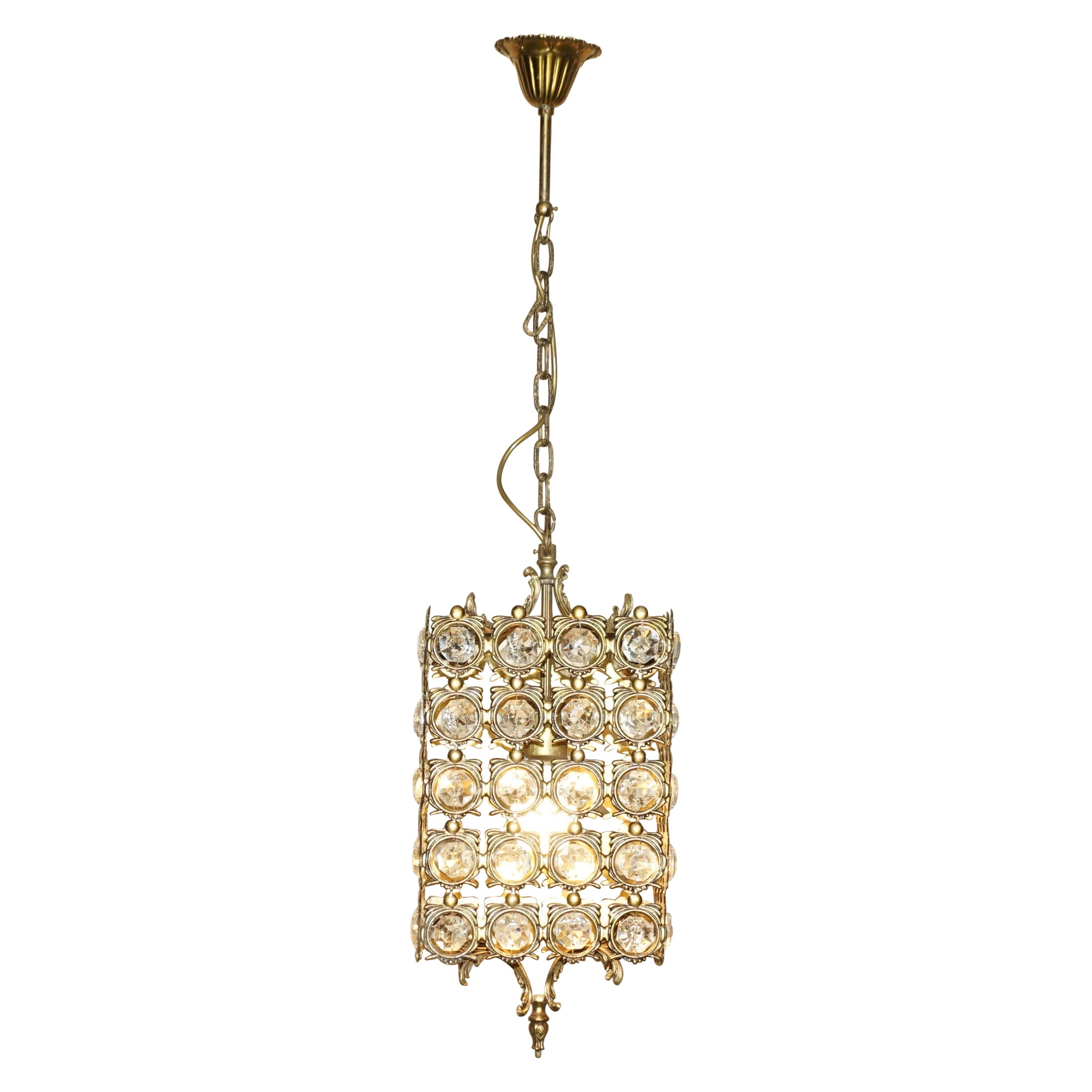 Antique Style Brass & Glass Crystal Cut Hanging Pendent Lantern Ceiling Light 