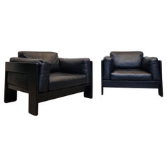 Pair of Black Leather Bastiano Chairs by Tobia Scarpa in Black Leather, Gavina