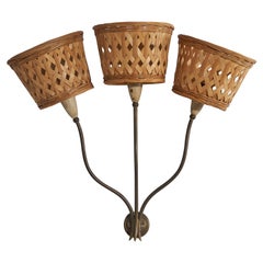 Italian Designer, Sconce, Brass, Metal, Rattan, Italy, 1940s