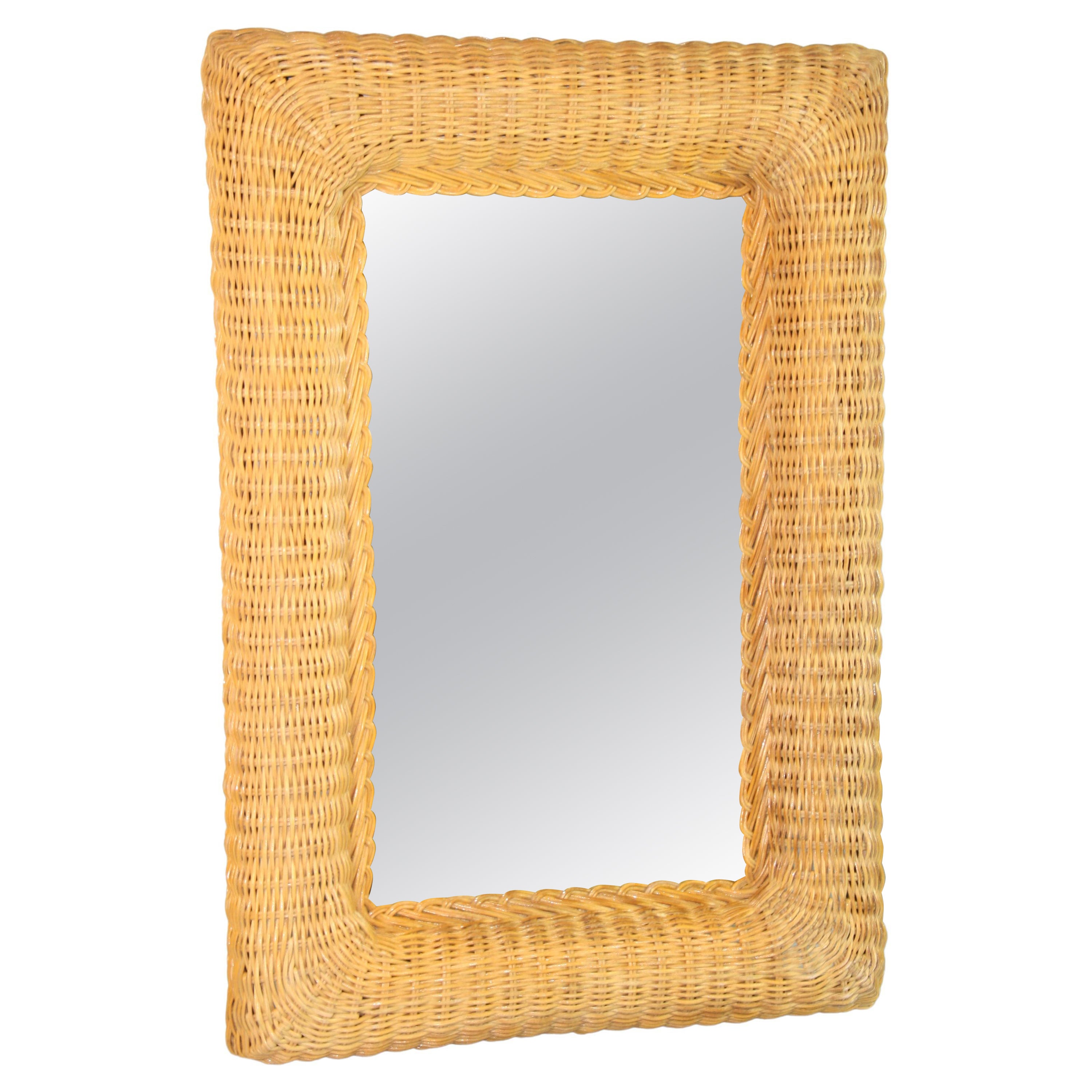 French Wicker Mirror Rounded Corners 1970's For Sale