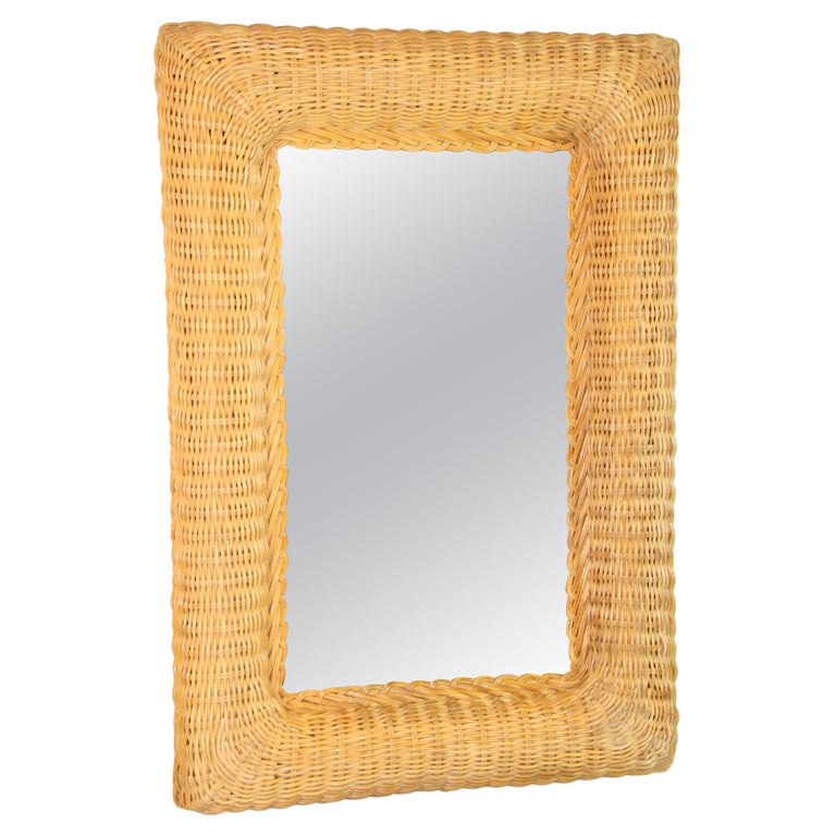French Wicker Mirror Rounded Corners 1970's For Sale at 1stDibs