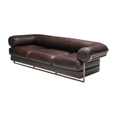 Charpentier Brown Leather 'Apollo' Sofa in Stainless Steel Frame, 1960's