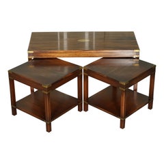 ViNTAGE HARRODS LONDON MAHOGANY & BRASS SET OF TABLES COFFEE TABLE SIDE TABLES