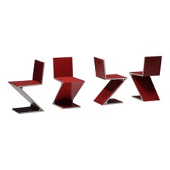 Gerrit Rietveld Red Laquer Zig Zag Chairs for Cassina, Dutch Design Classics