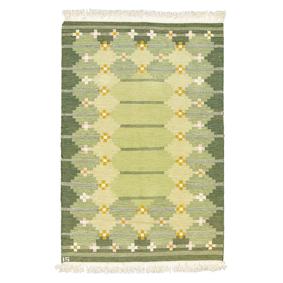 Sweedish Rug Making Green Vintage Swedish Flat-Weave Rug by Ingegerd Silow at 1stDibs