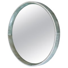 Green Goatskin Parchment and Bone Round Convex Mirror by Aldo Tura