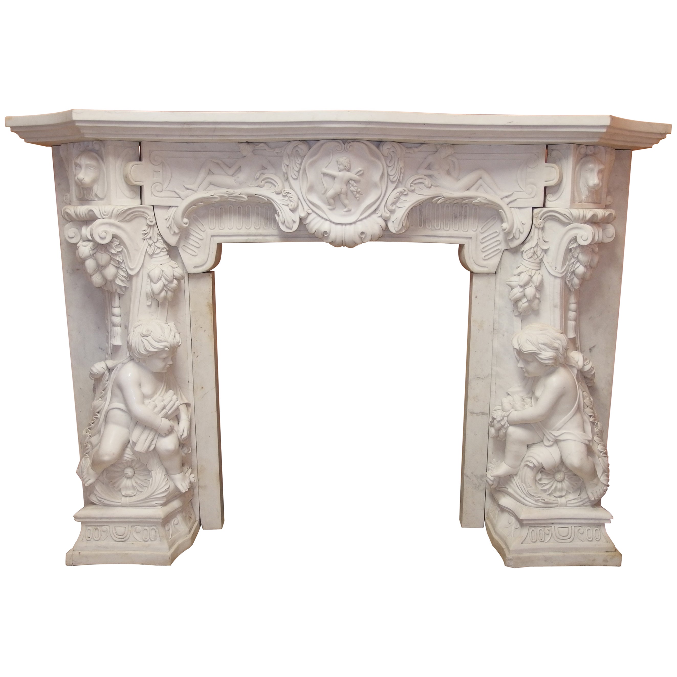 White Statuary Marble Fireplace, Richly Carved with Cherubs, Cupid, Dogs, Italy For Sale