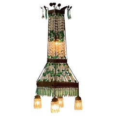 Antique Art Nouveau Clear and Green Bohemian Crystal Chandelier, 1920s