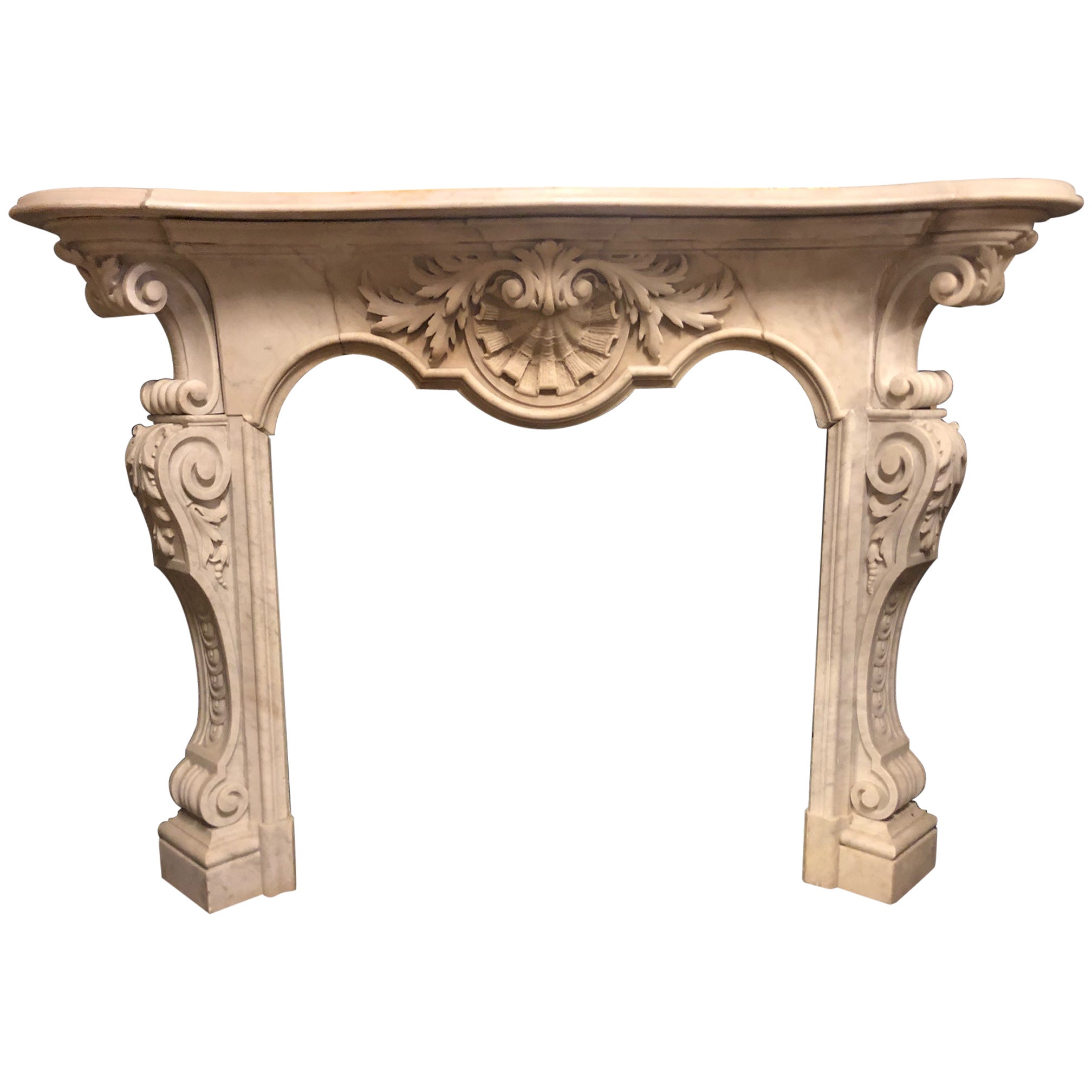 White marble fireplace, richly carved shells and flowers, 19th century Italy For Sale