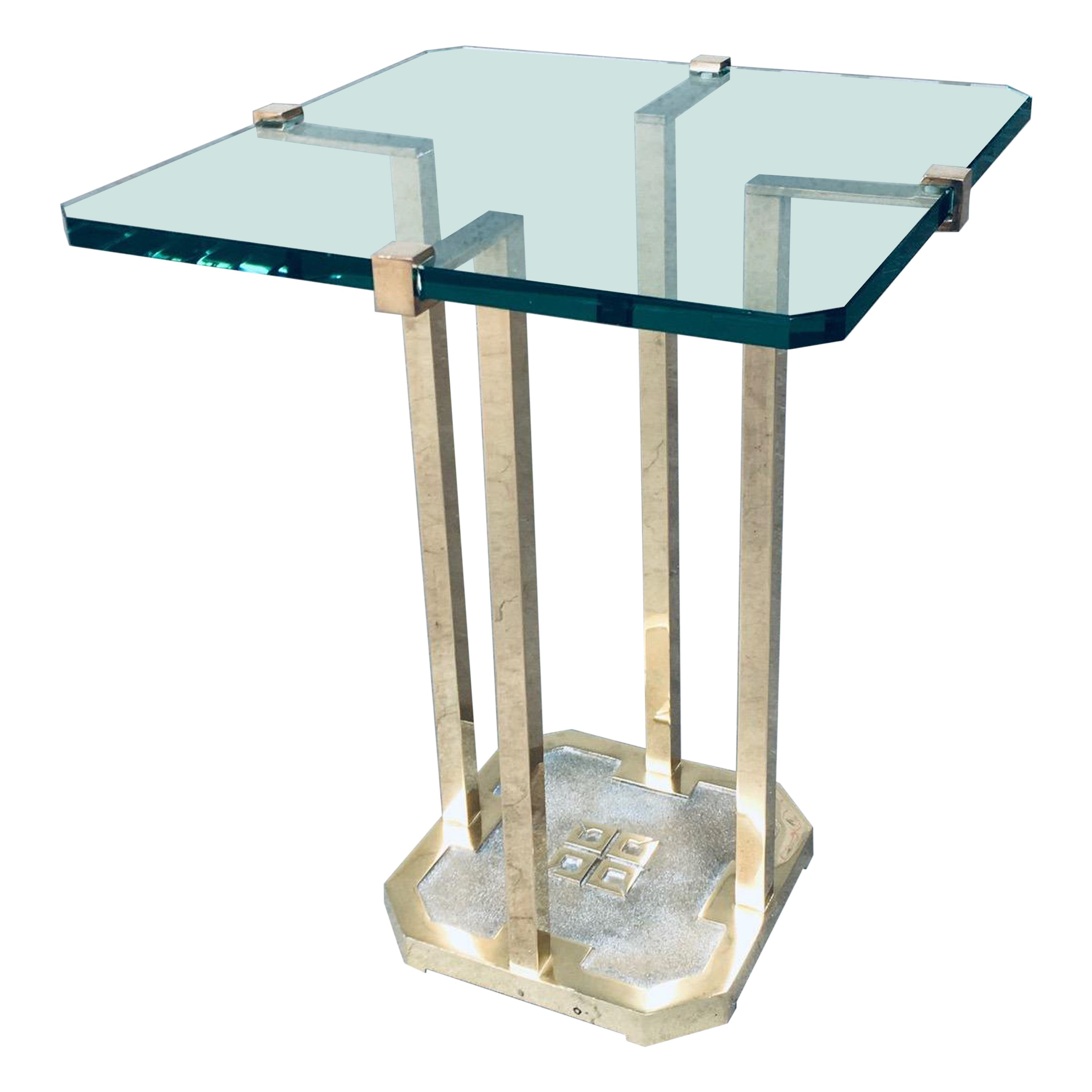 Modernist Patinated Brass & Glass Side Table Model T18 by Peter Ghyczy, 1970's For Sale