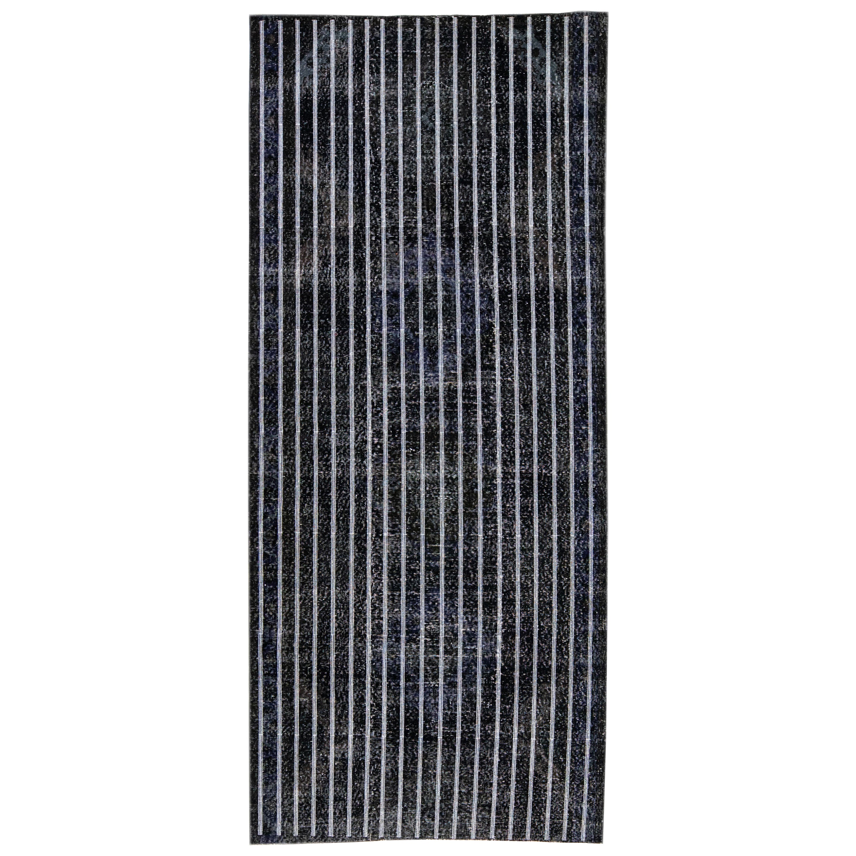 Black Modern Indian Handmade Stripe Pattern Wool Runner For Sale
