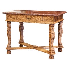 19th Century French Louis XIV Red Marble Top Carved Bleached Oak Table Desk 