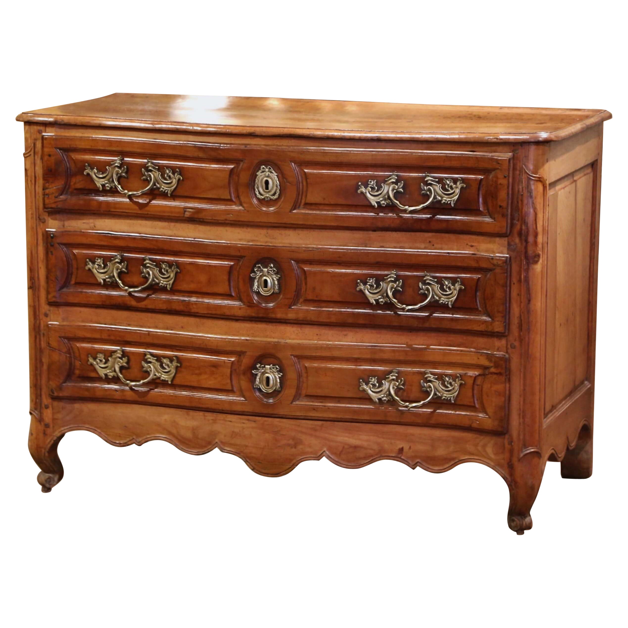 Mid-18th Century French Louis XV Carved Walnut Three Drawer Commode Chest For Sale