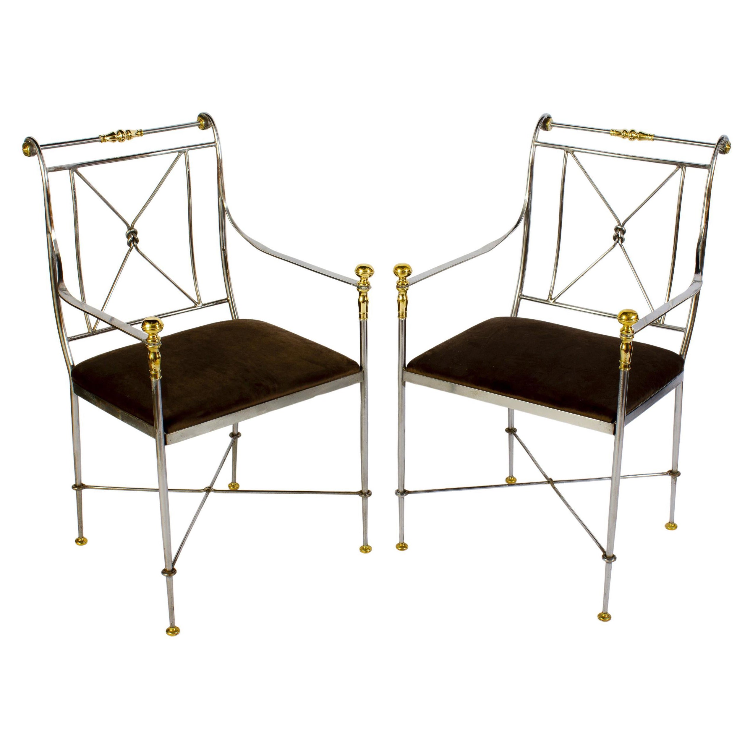Pair of Italian Steel and Brass Armchairs Signed Orlandi, 1970s